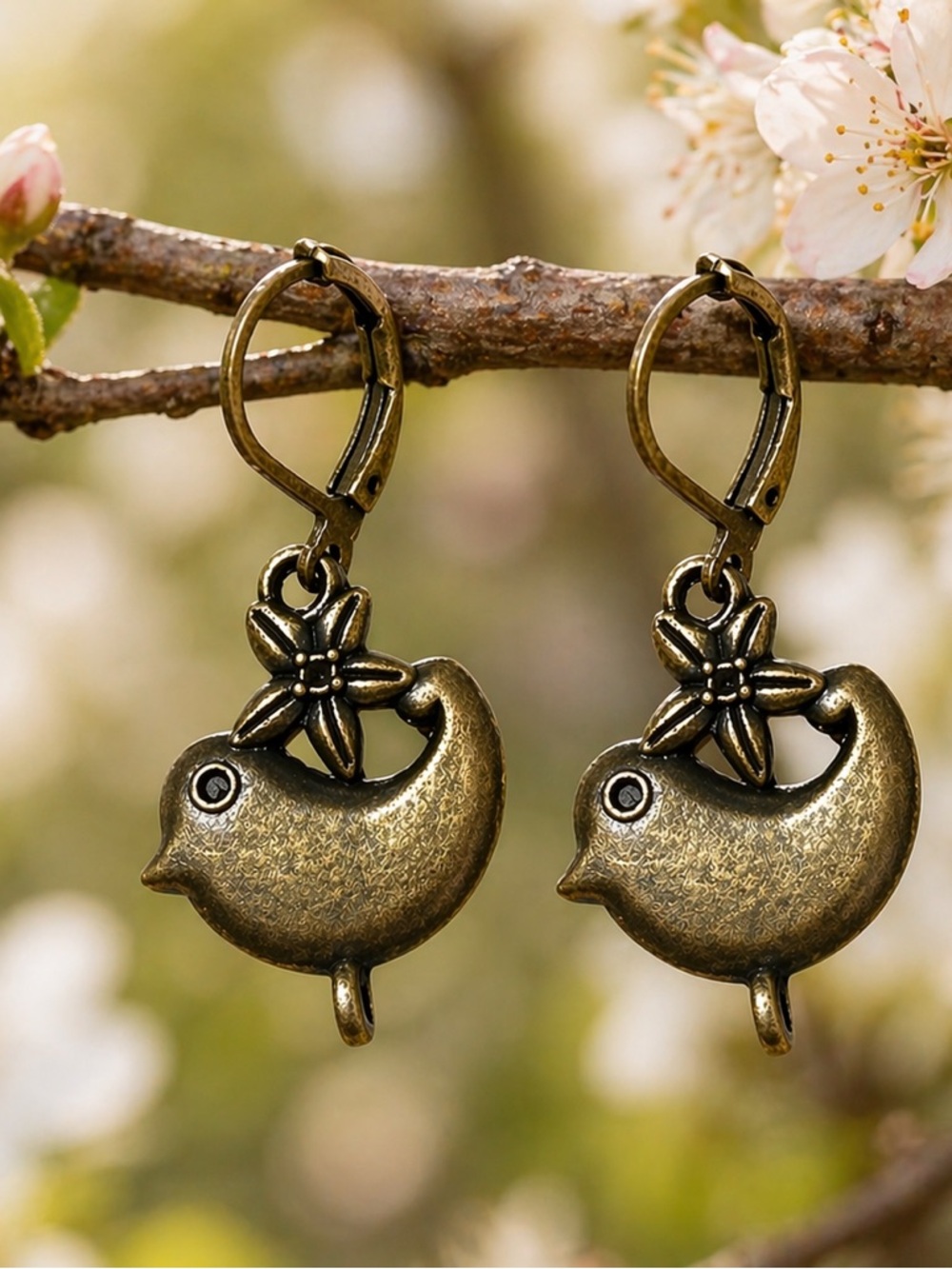 Bird Flower Earrings Antique Brass Dangle Boho Nature